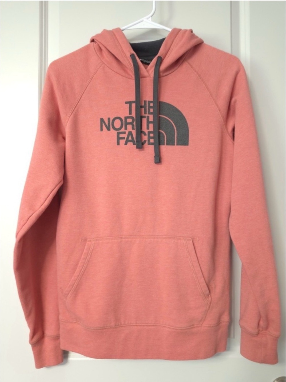 The North Face Men’s Crewneck Hoodie in Coral Pink with Gray Logo